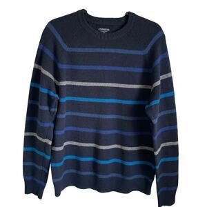 Express Men's Lambswool Sweater Sz L Pullover Striped Crewneck Navy Blue Preppy